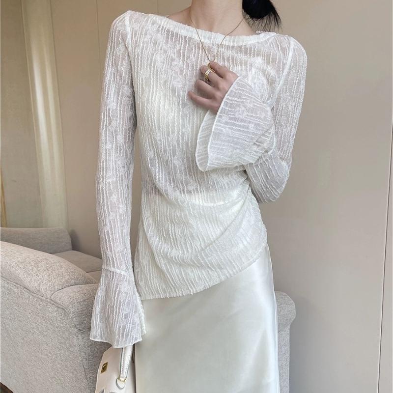 Asymmetrical Thin Hollow-out Lace Sun Protection Cover-up Women's Summer Slim Fit Figure-flattering Crew Neck Bell Sleeve T-shirt Top