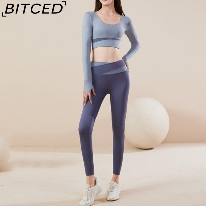 BITCED Color-Block Long Yoga Set Quick-Dry Seamless Nude-Feel Fitness Wear Seamless Slimming Breathable Sports Set