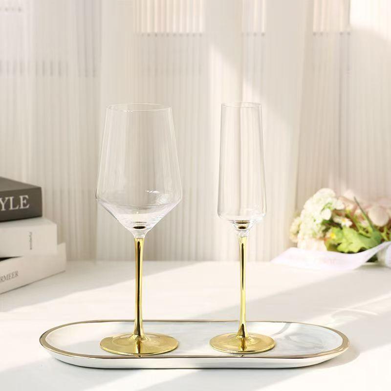 Creative Electroplated Gold Rod Crystal Red Wine Glass Champagne Whiskey Water Glasses Bright Gold Bottom Goblet Barware