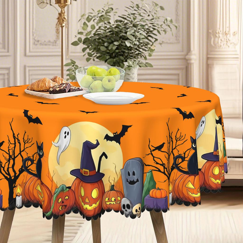1 Piece Halloween Round Tablecloth Tablecloth, Tombstone, Black Cat, Pumpkin Bat Pattern, Halloween Gift.