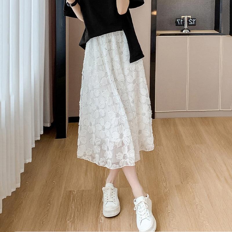 Qooth Falda tutú de malla con flores brillantes de hadas para mujer, falda larga elegante de cintura elástica de tul acampanada QT2297