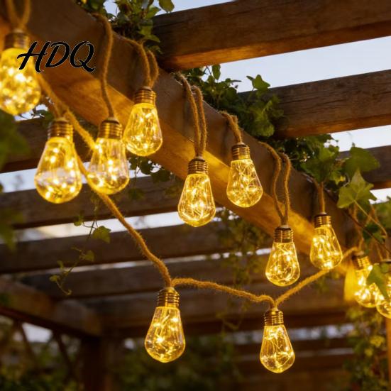 Dekorative Pergola Lichterketten Solar Außenleuchten Vintage Hanfseil Hängelichter mit bruchsicheren Glühbirnen