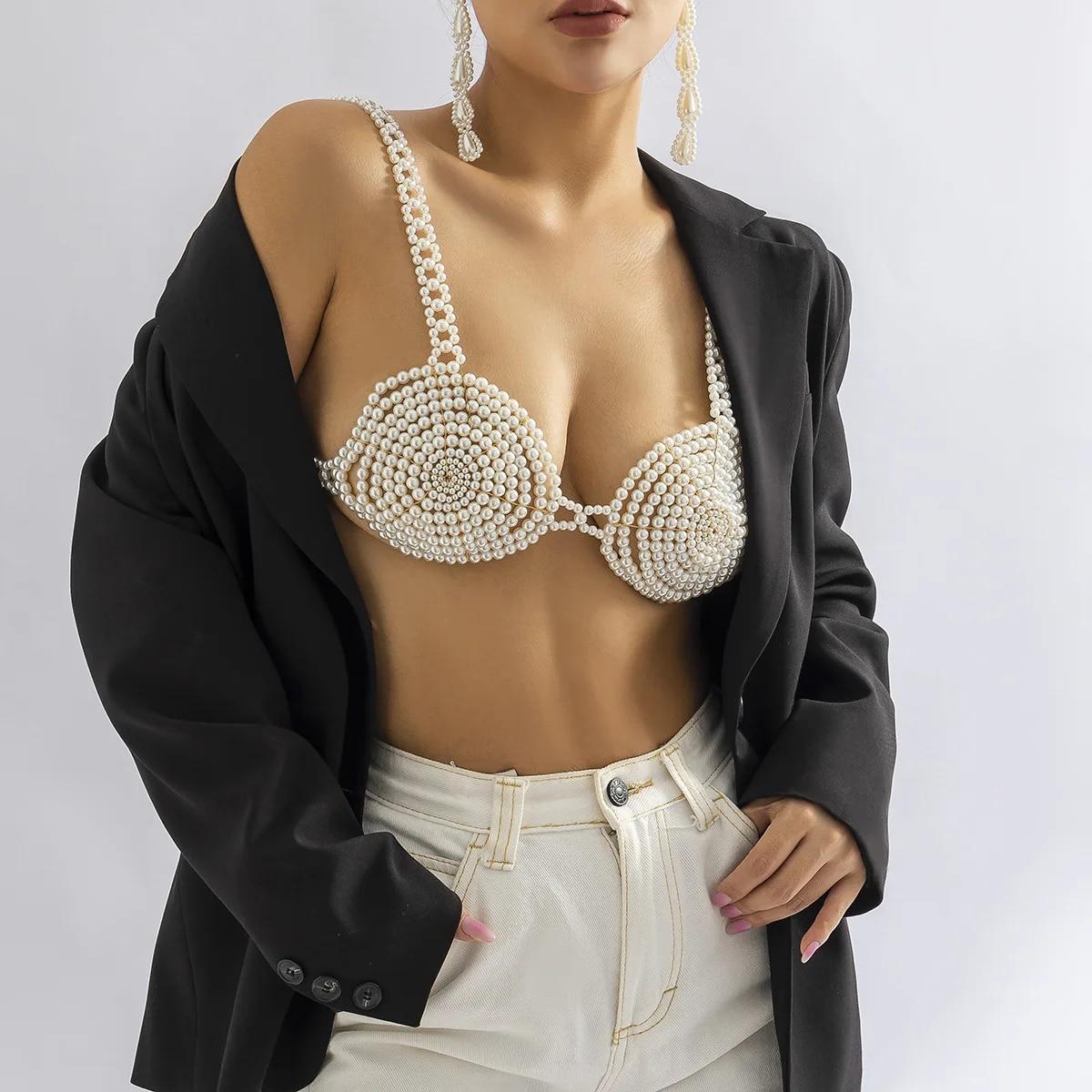 

Pearl Halter Bralette Chain Women Sexy Bikini Body Chain Girl Festival Jewelry Accessories Elegant Crop Top Bra