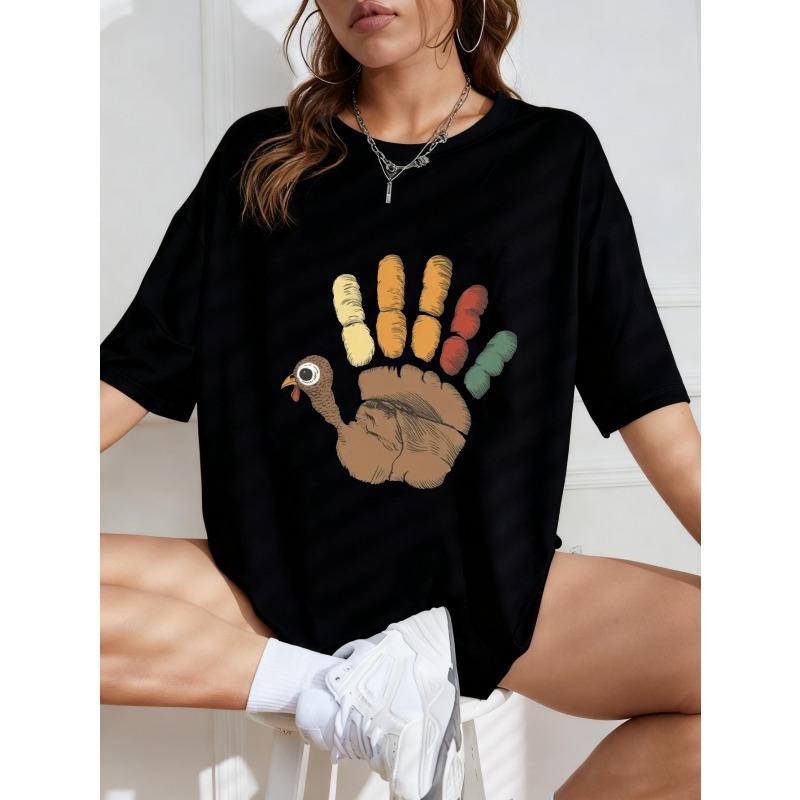 Oversized T-Shirt with Handprint-Doodle Turkey Fun Print – Colorful Cartoon Pattern Casual Top for Thanksgiving