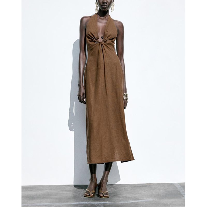 Summer Women's Clothing Vacation Style Backless Halter Collar Linen Blend Buckle Decoration Midi Skirt Dress 8351041