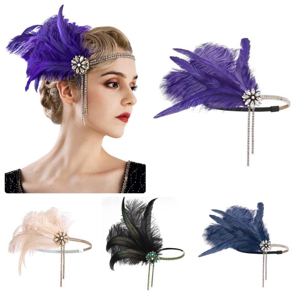 Water Diamond Feather Headwear 1920s Hair Band Vintage Rhinestone Headpiece Chain  Brides Makeup