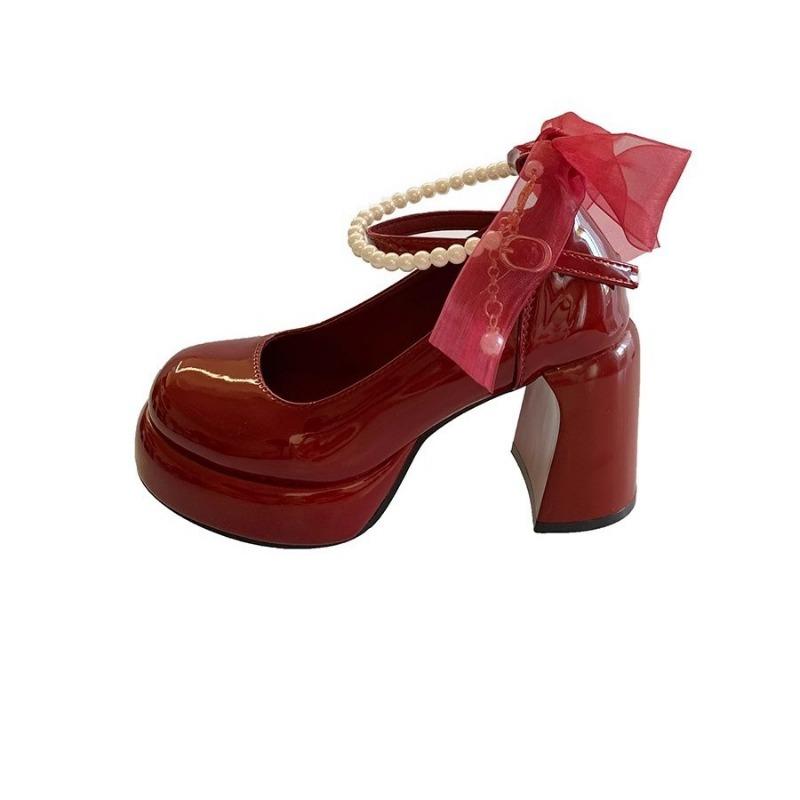 Red Mary Jane shoes women's summer new super high heel one-word with waterproof table thick heel temperament single shoes