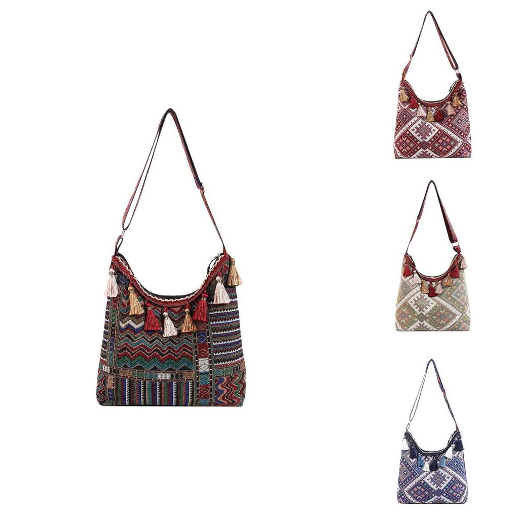Embroidery Style Tassel Large Capacity Shoulder Bag With Zipper Closure For Daily Use