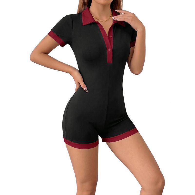 Damen Color Block Polo-Strampler, Kurzarm Bodycon Playsuit mit Kragen, Ideal für Freizeitkleidung, Sport und tägliche Aktivitäten