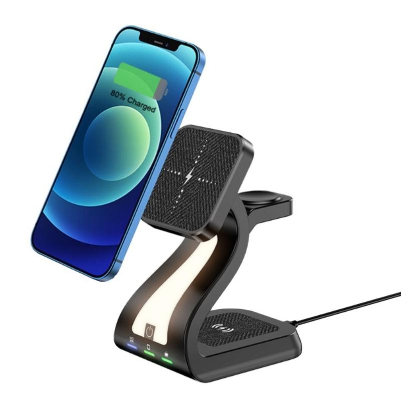 Magnetic Wireless Charging Station ABS Texture Suitable for Phone Watch Earphone Fast 15W Charging Built In Night Light