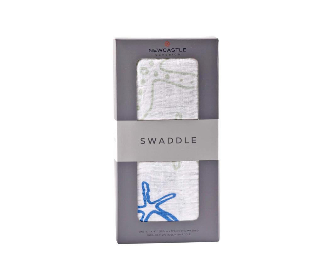 Newcastle Classics Cotton Muslin Swaddle Japanese Soft and Fluffy Blanket for Star 0 Months and [Official Product] Newborns, Fish, 120x120cm, Up,