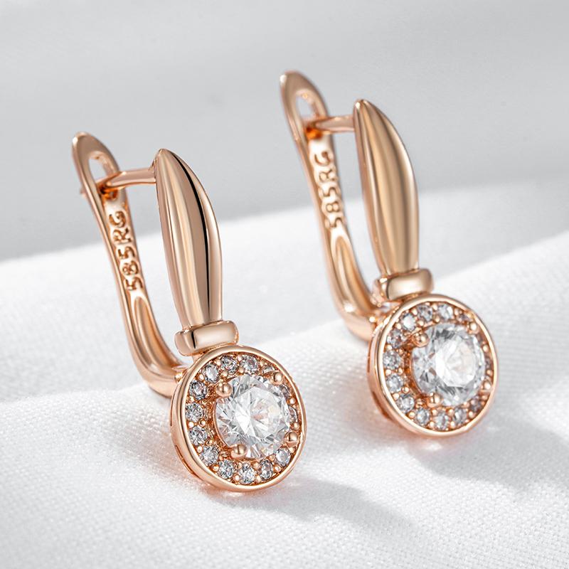 Simple  Rose Gold Color Round Dangle Earrings For Women Luxury Natural Zircon Accessories Bride Wedding Fine Jewelry