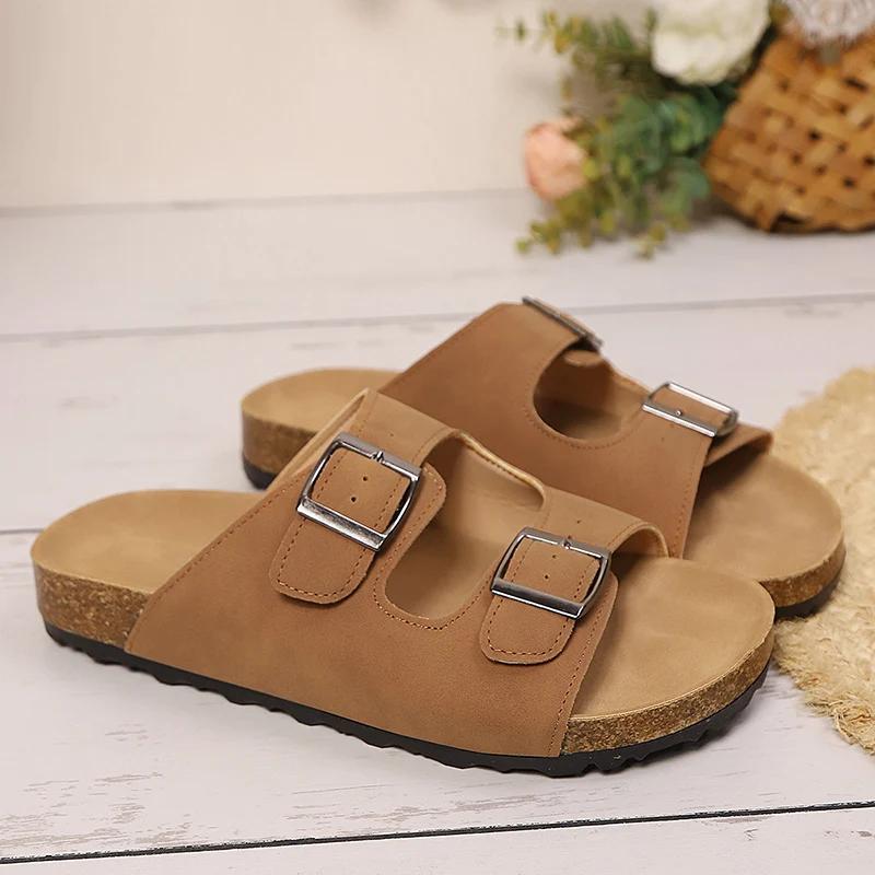 Fashion Double Buckle Flat Slippers Women 2025 Summer Suede Platform Sandals Woman Outdoor Cork Footbed Non Slip Sandal Plus Size 43