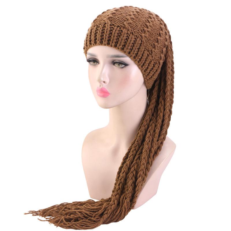 Trendy Women'S Handmade Crochet Winter Hat Braided Tassels Hip-Hop Elastic Warm Beanie Ear Protection Hats Halloween Funny Caps