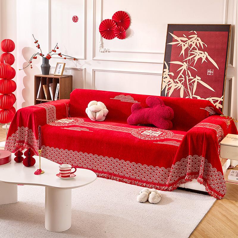 New Red Chenille Sofa Towel For Festival Soft Anti Cat Scratch Sofa Cover For Living Room Printed Couch Cushion For Four Seasons