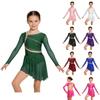 Girls Competition Skating Dress: Strappy Back Mesh Long Sleeves Rhinestone Asymmetrical Gown with Built-in Panty