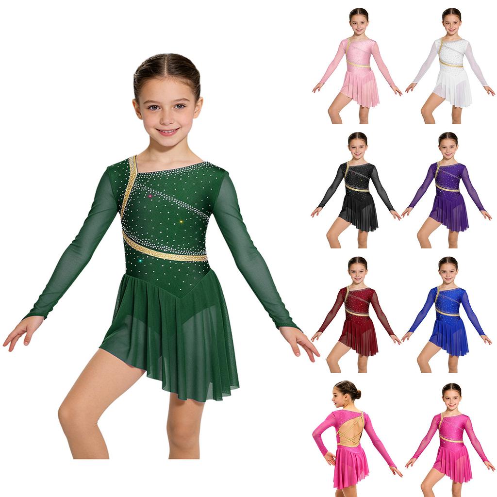 Eiskunstlauf-Kleid für Kinder: Langarm Netz Strass Asymmetrischer Body mit integriertem Höschen & Träger-Rücken