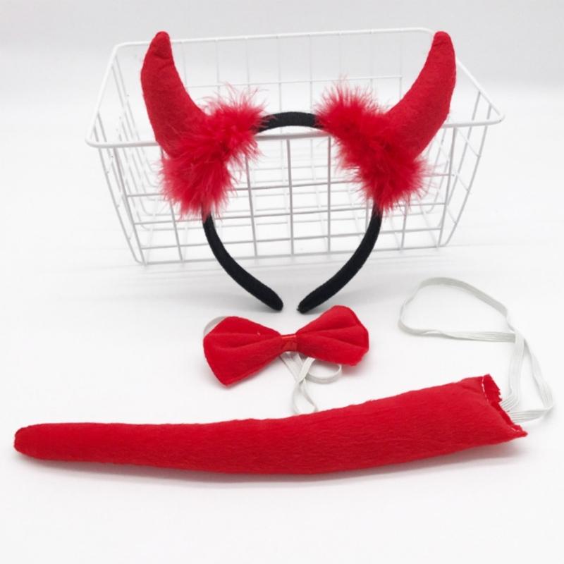 Devil Costume Kits Halloween Party Prop Devil Ears Headband Bow Tie Tail Set Cosplays Performances Prop for Women Kids