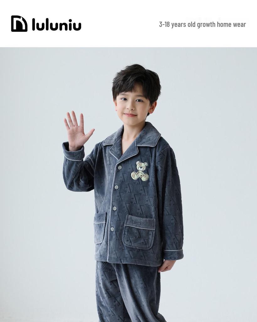 Lulu Niu Boys' Thickened Fleece Pajama Set for Autumn and Winter
