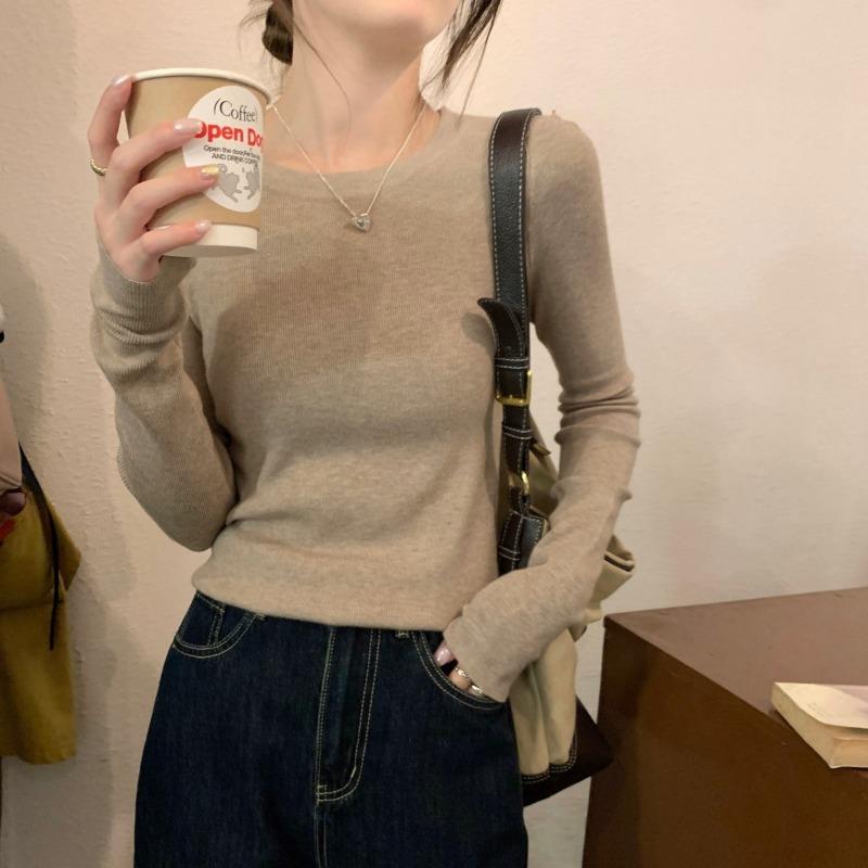 Temperament crew neck knitted top women's spring slim-fitting and thin inner sweater simple long-sleeved bottoming shirt