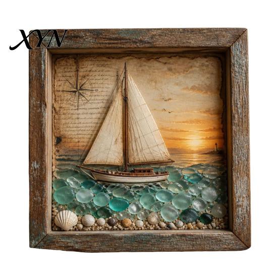 Table Centerpiece Light Sea Glass Art Painting with LED Light, DIY Mosaic Arts and Craft Kit, Eye-catching Home Decor Ocean Themed Beach Kit