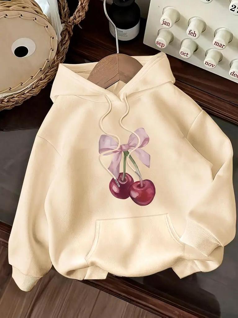 Women's Warm Fleece Hoodie with Red Cherry Bow Pattern