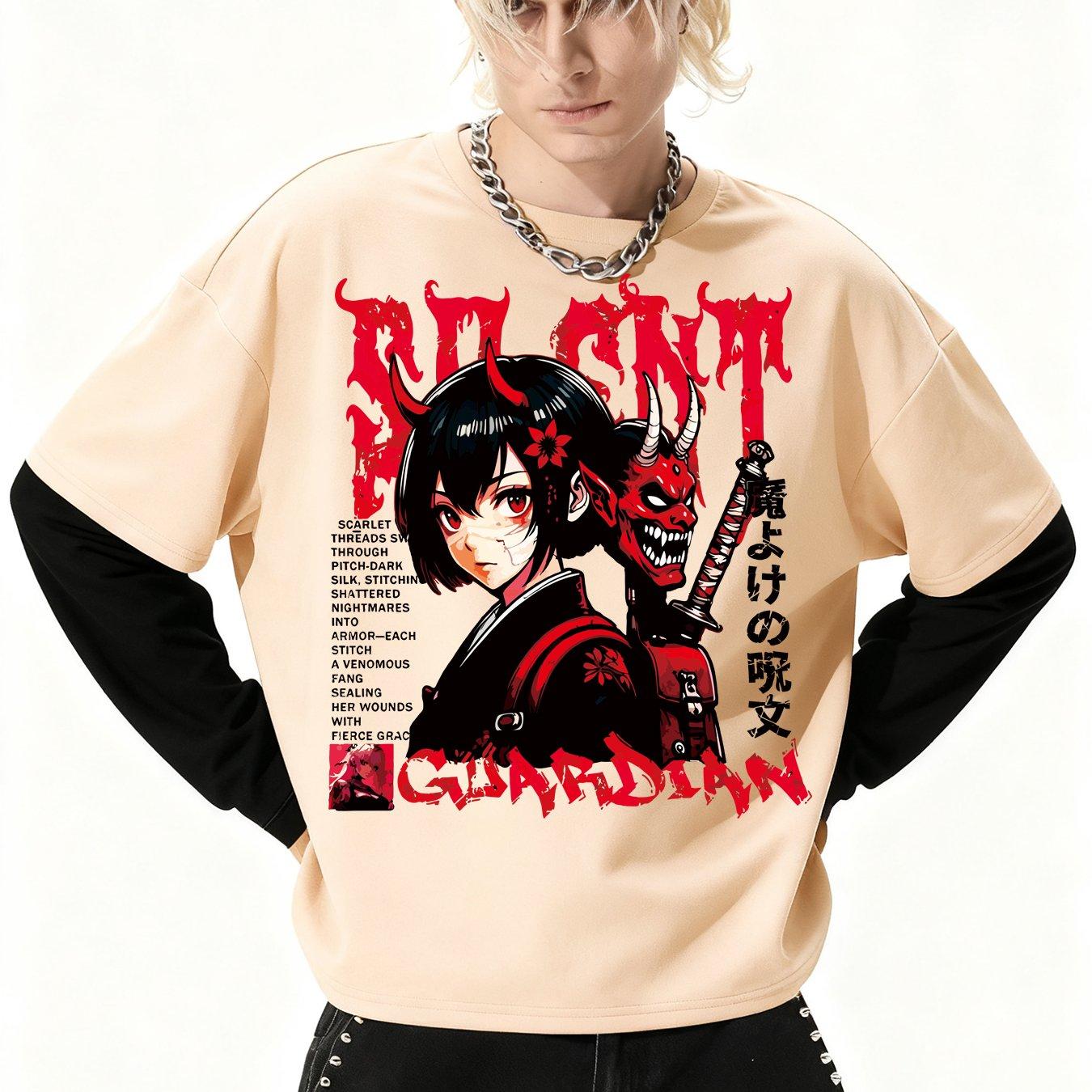 

Japanese Demon Guardian Anime Long T-Shirt, Gothic Style, Oversized, Couple s Long Sleeve L абрикосовый