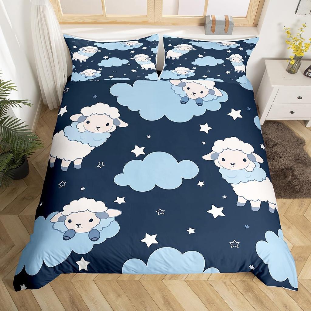 Cute Sheep Bedding Set Cartoon Animal Comforter Cover for Kids Flower Floral Print Duvet Cover Farm Zoo Garden Theme Quilt Cover