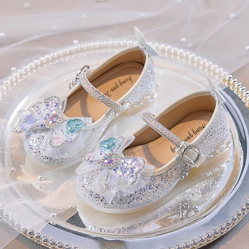 Nuove Scarpe Principessa Coda di Sirena di Cristallo 2025 per Bambine con Suola Morbida e Tacco Alto, Perfette per Abiti da Sera