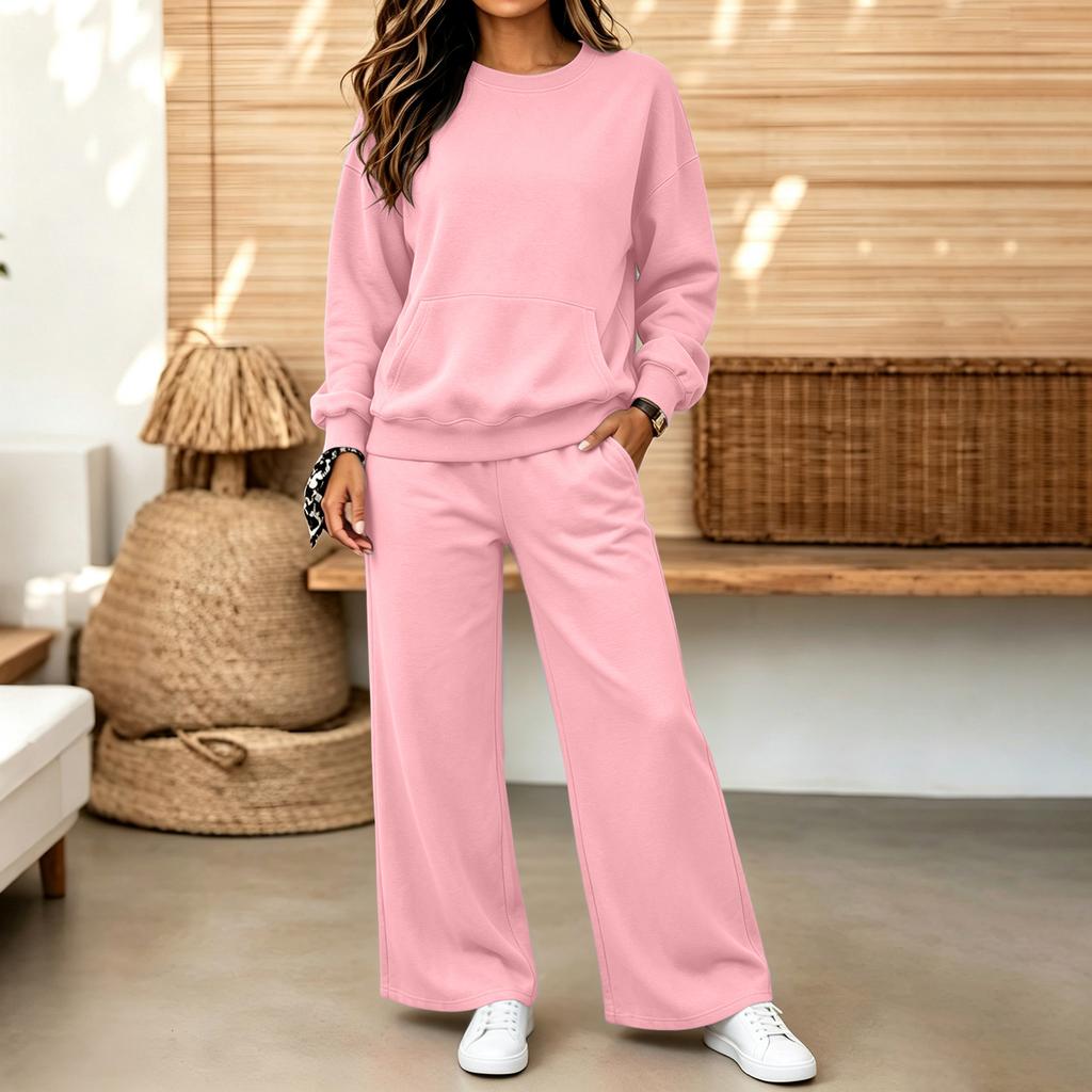 Conjunto Informal Cómodo de Sudadera y Pantalones para Mujer con Cuello Redondo y Bolsillos para Otoño Invierno
