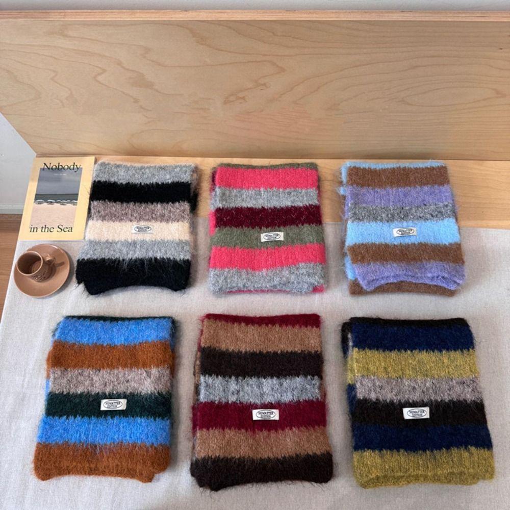 Plush Plaid Wool Scarf Preppy Style Winter Cashmere Scarves Elegant Stripe Scarf  Student