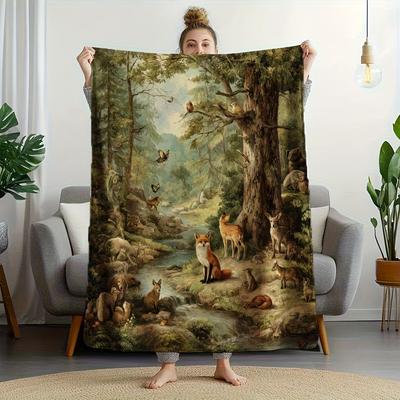 1pc Vintage Forest Harmony Landscape Flannel Blanket - Warm and Soft for All Seasons, Fox, Bird, and Deer Pattern, Suitable for Sofa, Bed, Car, Campin
