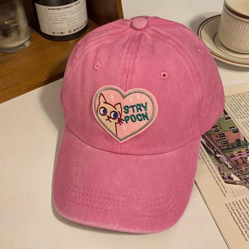 Pink Love Cat Baseball Cap Female Curved Brim Soft Top Cap Cute Hat Trendy Female Sun Protection Shade Show Small Face