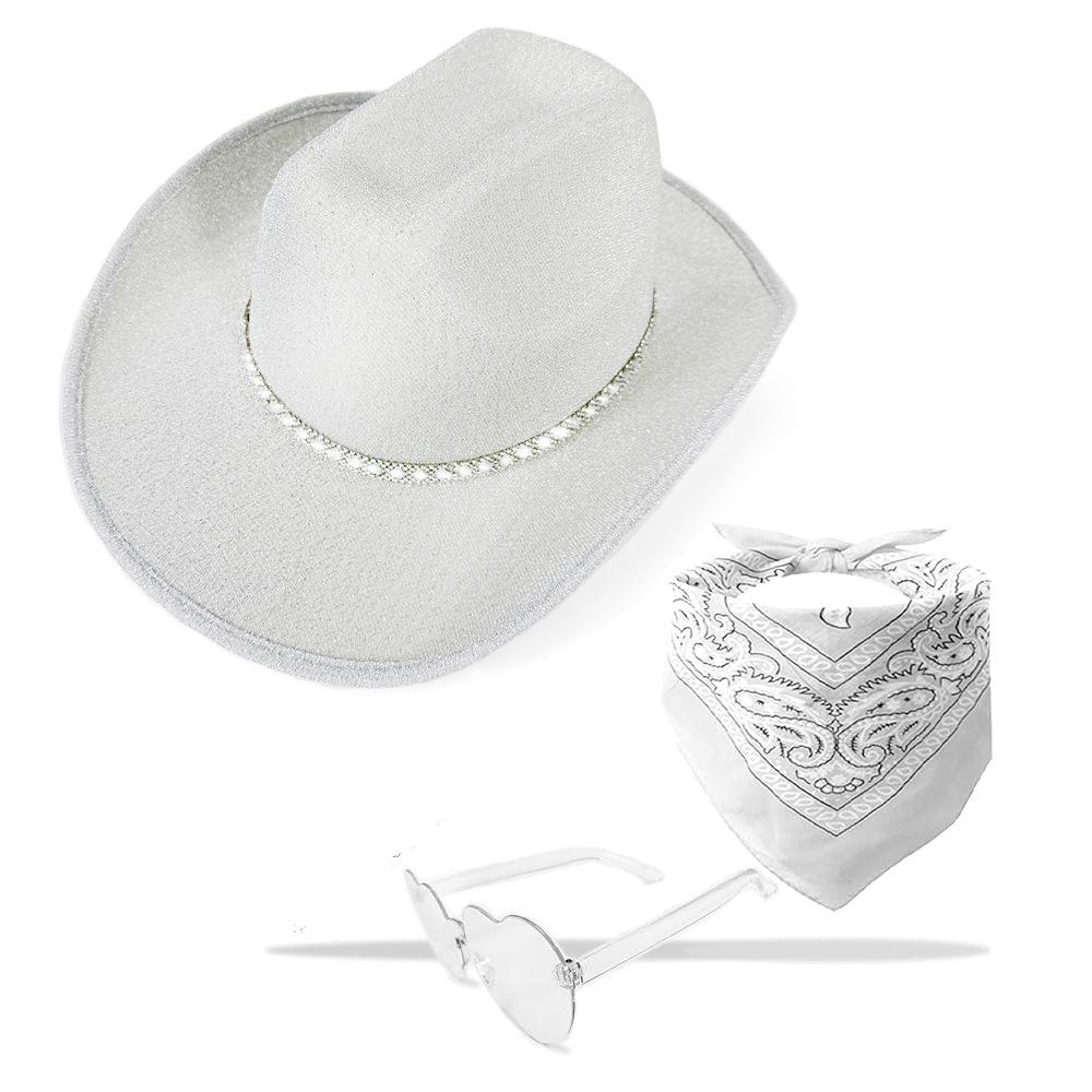 Pink Glitter Rhinestone Denim Hat, Glasses & Bandana Set