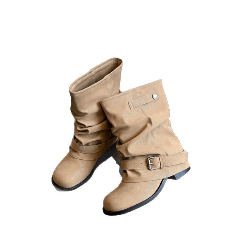 Keep it for yourself~ Inner height increase Western cowboy pile boots women's 2025 autumn pleated trousers short boots retro knight Martin boots