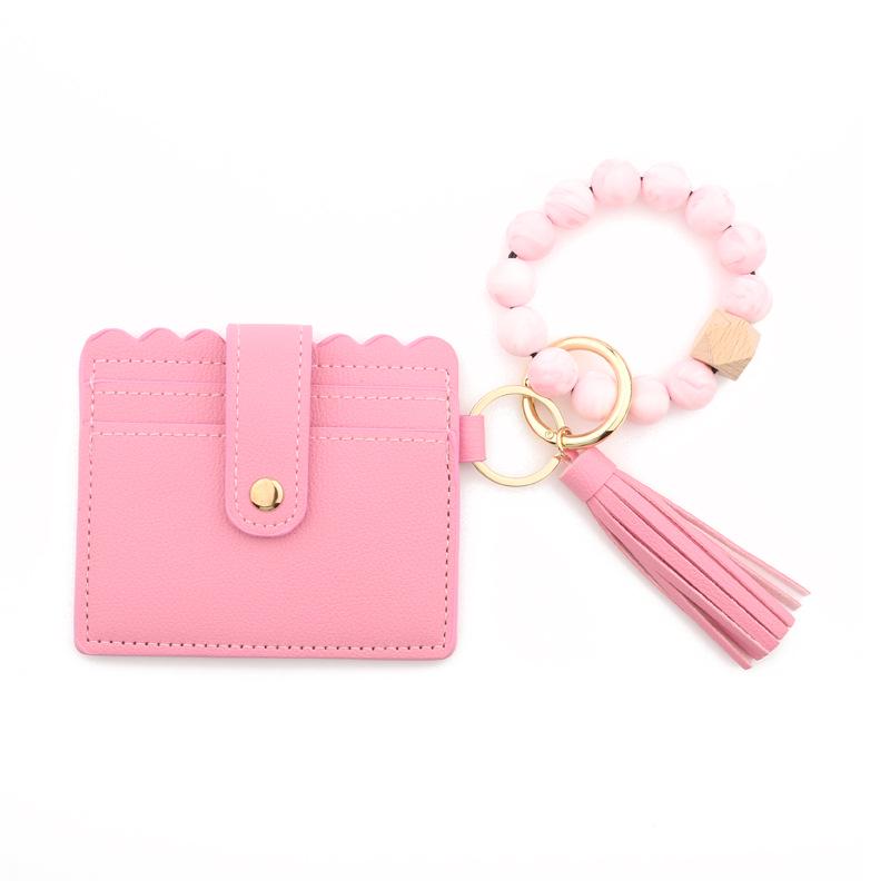 Leopard Print Silicone Bead Bracelet Wallet with PU Leather Tassel Keychain