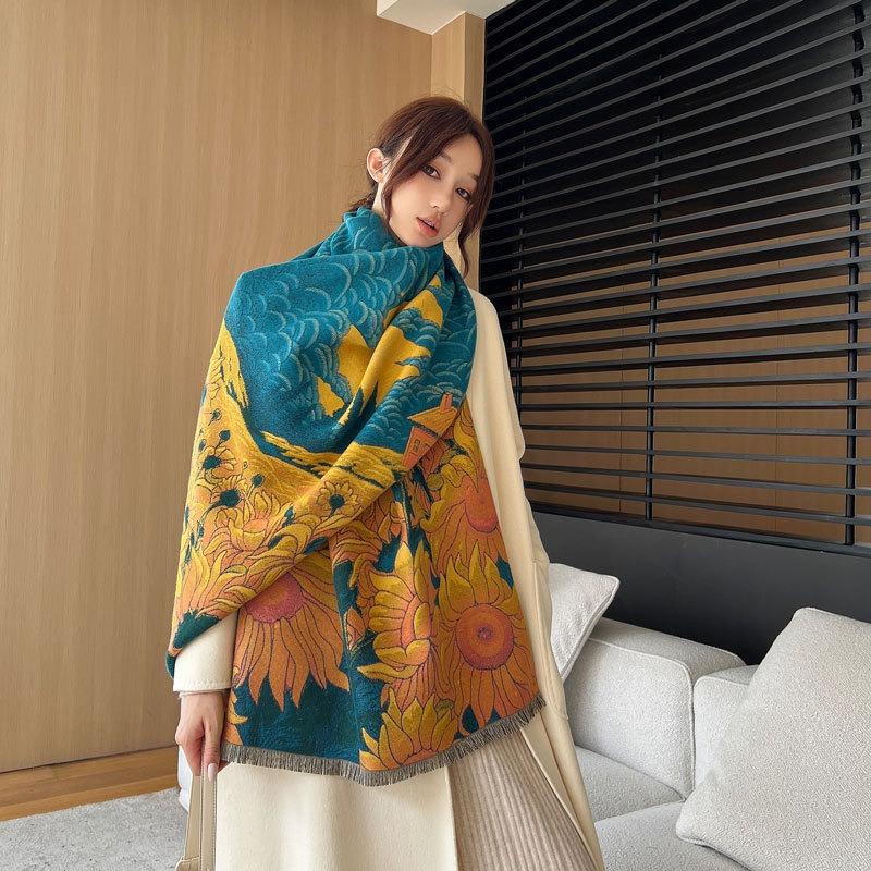 Autumn and winter new sunflower oil painting jacquard scarf women's high-end imitation cashmere shawl versatile thickened warm scarf