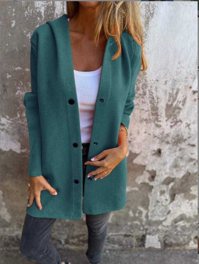 2025 Women's Solid Color Hooded Casual Jacket with Single-Breasted Design