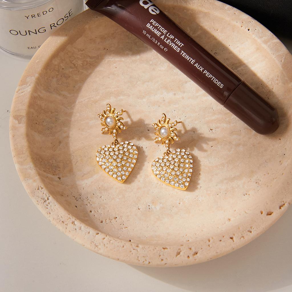  Imitation Pearl Sun Heart Pendant Stud Earrings Golden Stainless Steel Attractive Chic Jewelry New Wholesale 2025