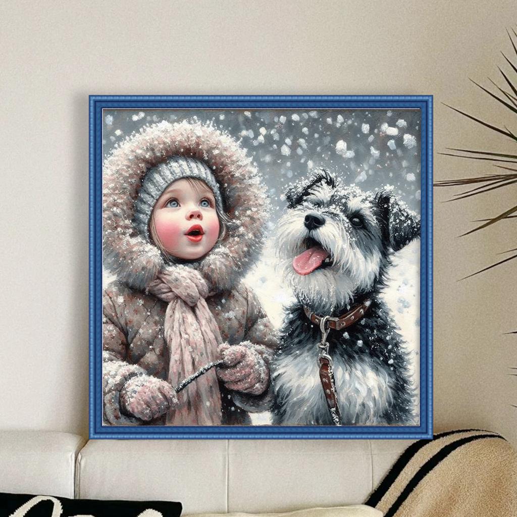 Boy with Puppy Full 11CT 3 Strands DIY Counted Cross Stitch Kits 15.75x15.75inch Needlework Embroidery Kit for Adults Home Decor