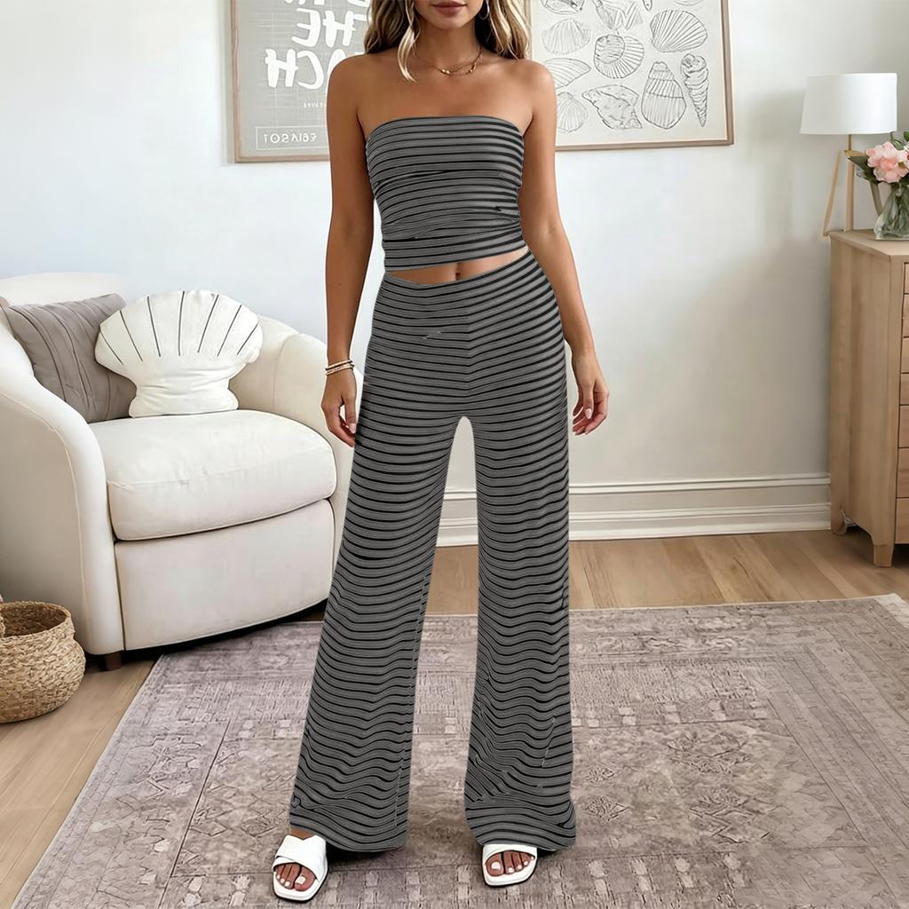 Damen Casual Trägerloses Schlauchtop und Weite Hosen Set Elastischer Bund Zweiteiliges Loungewear Outfit für Urlaub und Zuhause