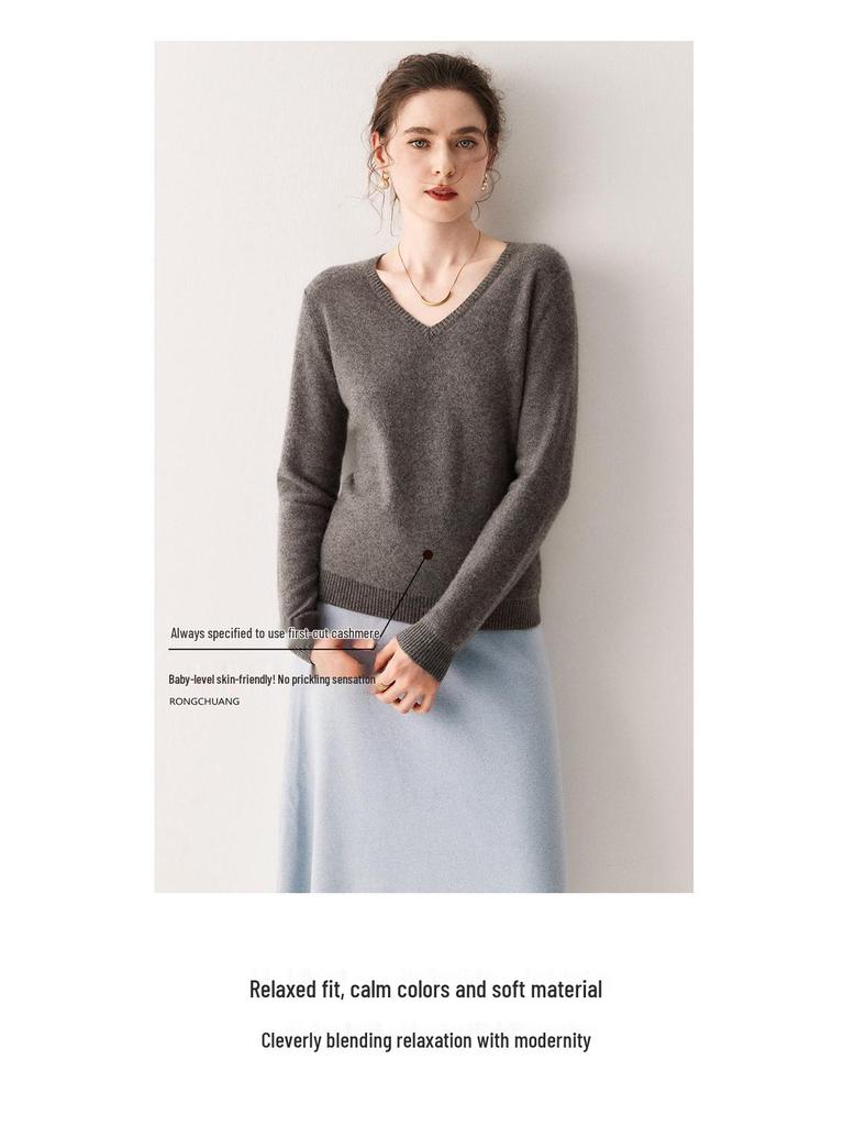 2025 A/W Women's V-Neck Cashmere Sweater - Loose Fit, Versatile Knitted Pullover Top