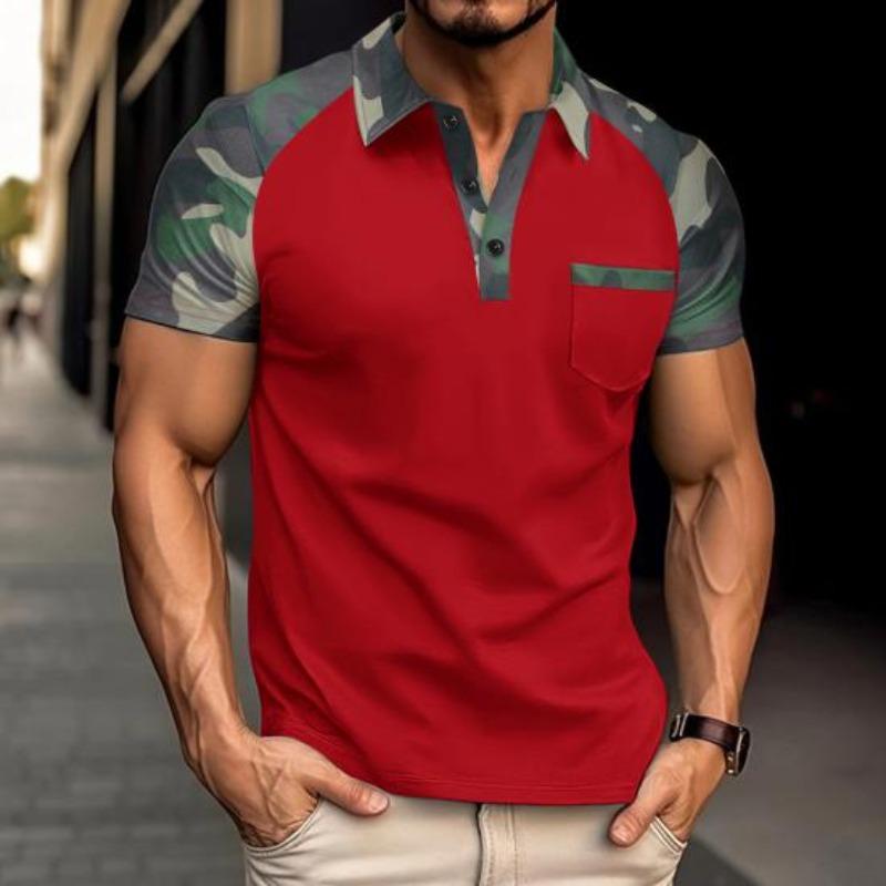 Męskie letnie topy z klapą, z krótkim rękawem, patchworkowe w kolorze kamuflażu, koszulka T-shirt z przednią kieszenią, koszulka outdoorowa