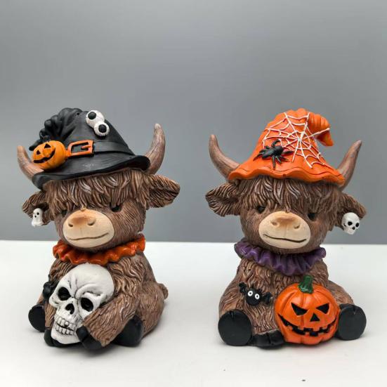 1/2Pcs Halloween Highland Cow Figurine Pumpkin Skull Highland Cattle Statue