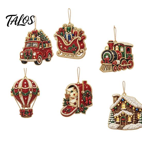 Festive Resin Rhinestone Ornaments 6 Pcs Christmas DIY Faux Pearl Painting Kit Ornaments, Art Seasonal Hanging Decor Tree Decoration with Jute
