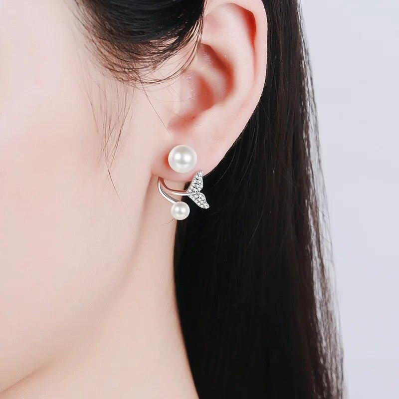 D Color 0.24CT Moissanite Mermaid Ear Jacket Front Back Ear Cuffs Double Pearl Stud Earring Freshwater Cultured Pearl Earrings Studs