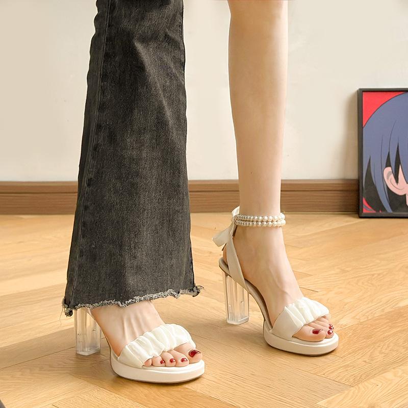 Mesh High Heels Damen Sommer 2025 neue hohe dicke Ferse Kristall französische Fee Perle Römersandalen ins