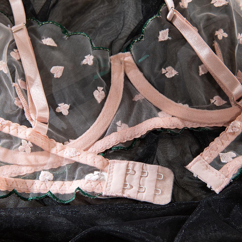 European & American Cross-Border Women's Sexy Bra Set with Card Pattern Embroidery, Transparent Lace, and Underwire Push-Up Design.