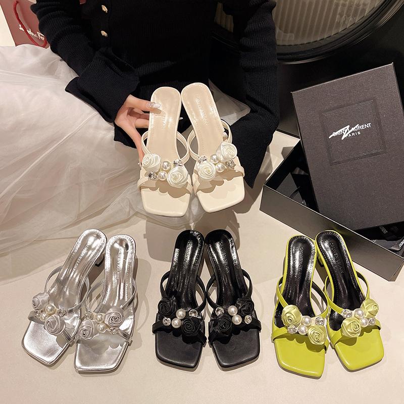 Fashion Pearl Flower Women Slippers Square Toe High Heels Shoes Luxury New Sandals Designer 2025 Summer Sexy Dress Party Woman Pumps