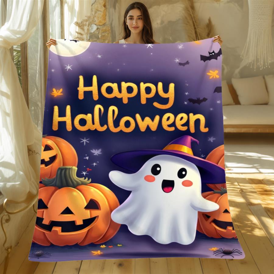 Newest Happy Halloween Ghost Pumpkin Purple Background Flannel Throw Blanket, Cute Holiday Blanket for Party Sofa Decor